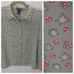 Hot Topic Frog & Mushroom Boxy Crop Woven Button-Up Top